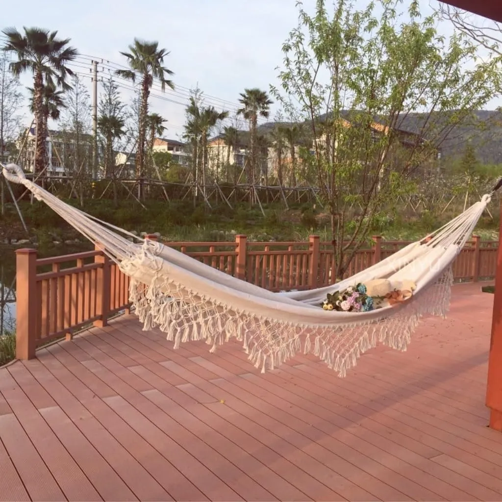 Hammocks Double Enlarged Canvas Swing Indoor and Outdoor Camping Hanging Chair Photography Retro Tassel Hammock Camping Hammocks(White)