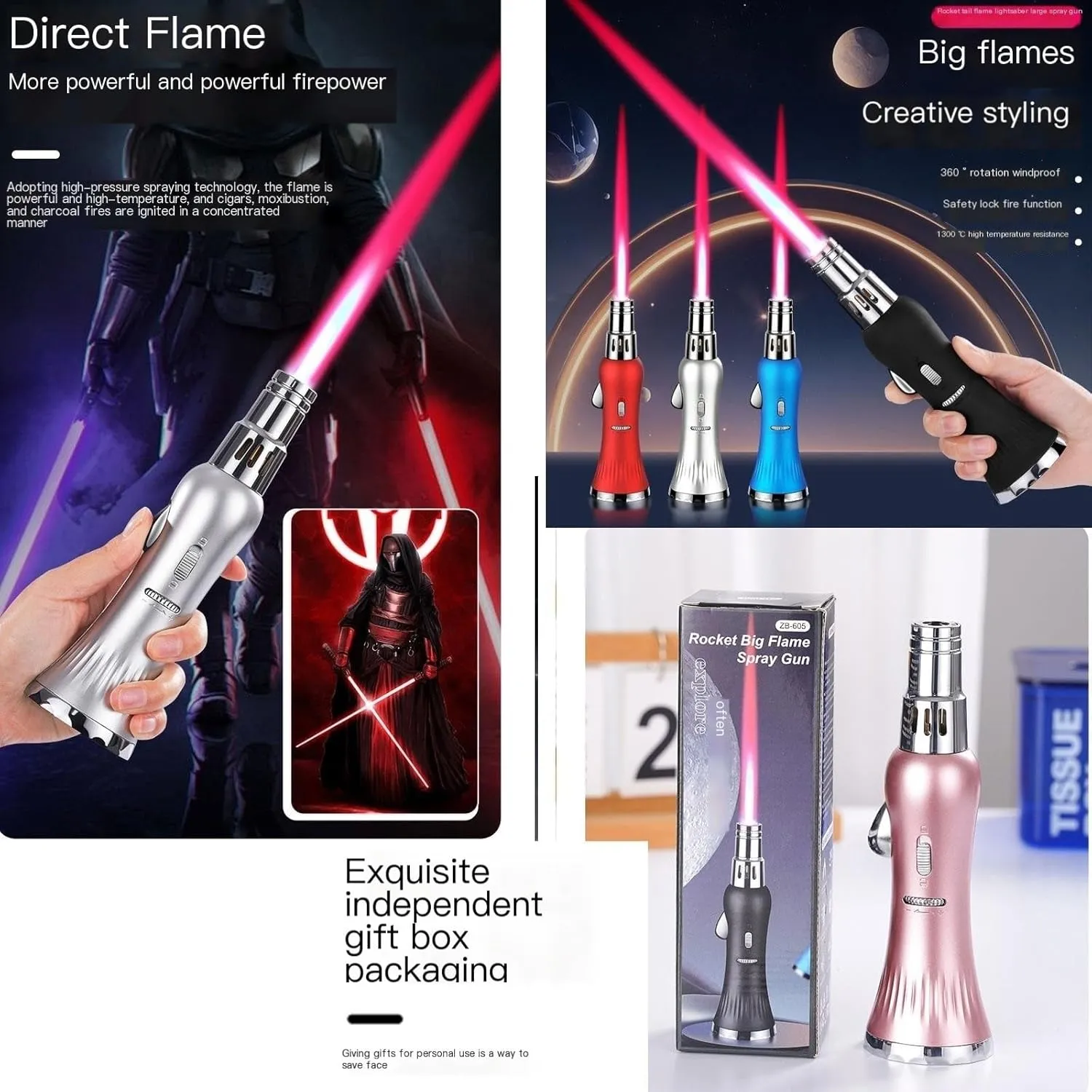 Handheld Pen Lighters Windproof Direct Injection Lighter - Adjustable Flame/Refillable Fuel •Flame Locking/Safety Switch Function • 【Butane Not Included】 (Color : Pink)