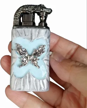 Handmade Vintage Dual Flame Butane Lighter - Windproof Jet Flame with Embossed Butterfly Design for Camping & Gifts (Fuel Not Included)
