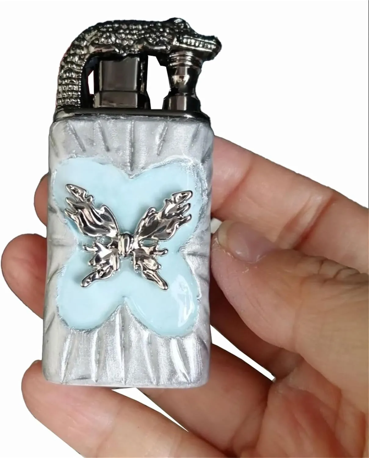 Handmade Vintage Dual Flame Butane Lighter - Windproof Jet Flame with Embossed Butterfly Design for Camping & Gifts (Fuel Not Included)