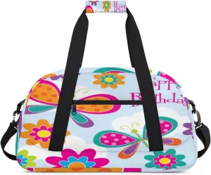 Happy Birthday Gym Duffel Bag for Men Women Butterfly Flowers Sports Tote Bag with Adjustable Shoulder Strap for Dance Gymnastics Traveling Outdoor Camping Overnight Stay
