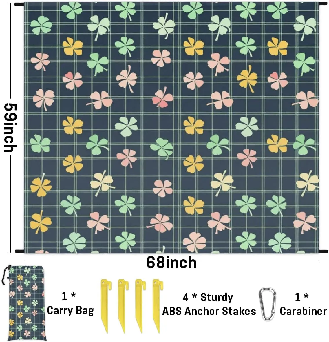 Happy St Patrick's Day Beach Blanket, Sandproof Beach Mat, Adults Waterproof Quick Drying Sand Free Mat with 4 x Ground Spikes for Outdoor Travel Camping Hiking, Buffalo Check Plaid Clover