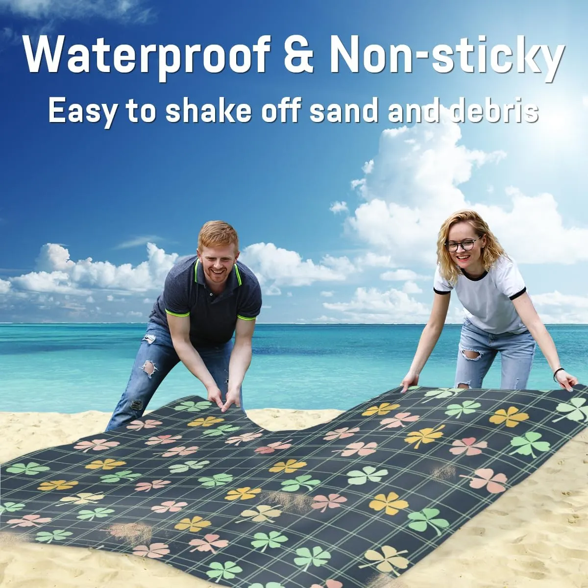 Happy St Patrick's Day Beach Blanket, Sandproof Beach Mat, Adults Waterproof Quick Drying Sand Free Mat with 4 x Ground Spikes for Outdoor Travel Camping Hiking, Buffalo Check Plaid Clover