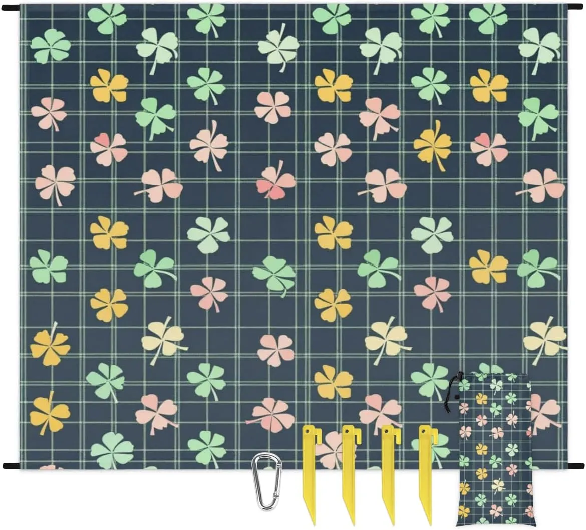 Happy St Patrick's Day Beach Blanket, Sandproof Beach Mat, Adults Waterproof Quick Drying Sand Free Mat with 4 x Ground Spikes for Outdoor Travel Camping Hiking, Buffalo Check Plaid Clover