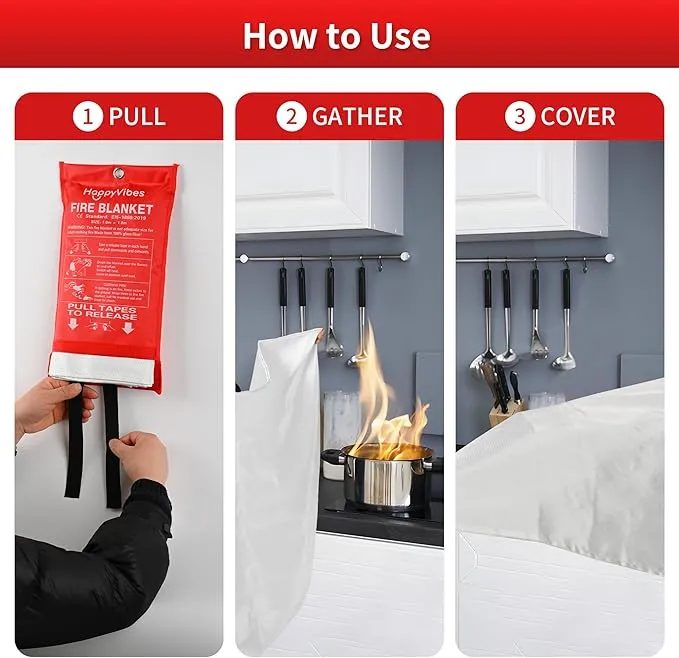 HappyVibes Emergency Fire Blanket for Home - 2 Pack Fiberglass Fire Extinguishing Blanket 40x40 Inches - Fire Blankets Emergency for Home, Kitchen, School, Office, Car, and Grill (Pack of 2)