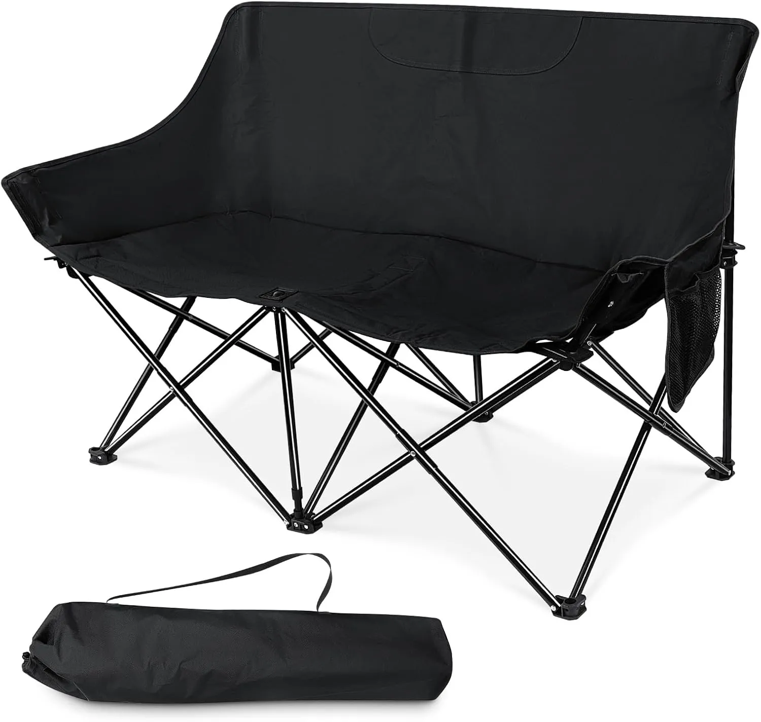 HaSteeL Folding Camping Chair, Portable Double Outdoor Loveseat for 2 Adults Person, Durable Foldable Collapsible Chairs for Camp Patio Picnic Beach Travel, Support 600Lbs, for Women & Men, Black