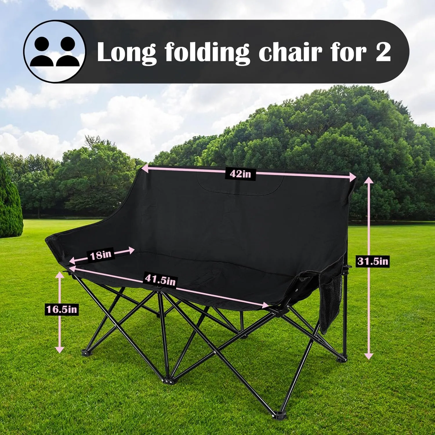 HaSteeL Folding Camping Chair, Portable Double Outdoor Loveseat for 2 Adults Person, Durable Foldable Collapsible Chairs for Camp Patio Picnic Beach Travel, Support 600Lbs, for Women & Men, Black