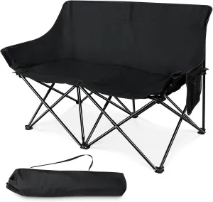 HaSteeL Folding Camping Chair, Portable Double Outdoor Loveseat for 2 Adults Person, Durable Foldable Collapsible Chairs for Camp Patio Picnic Beach Travel, Support 600Lbs, for Women & Men, Black