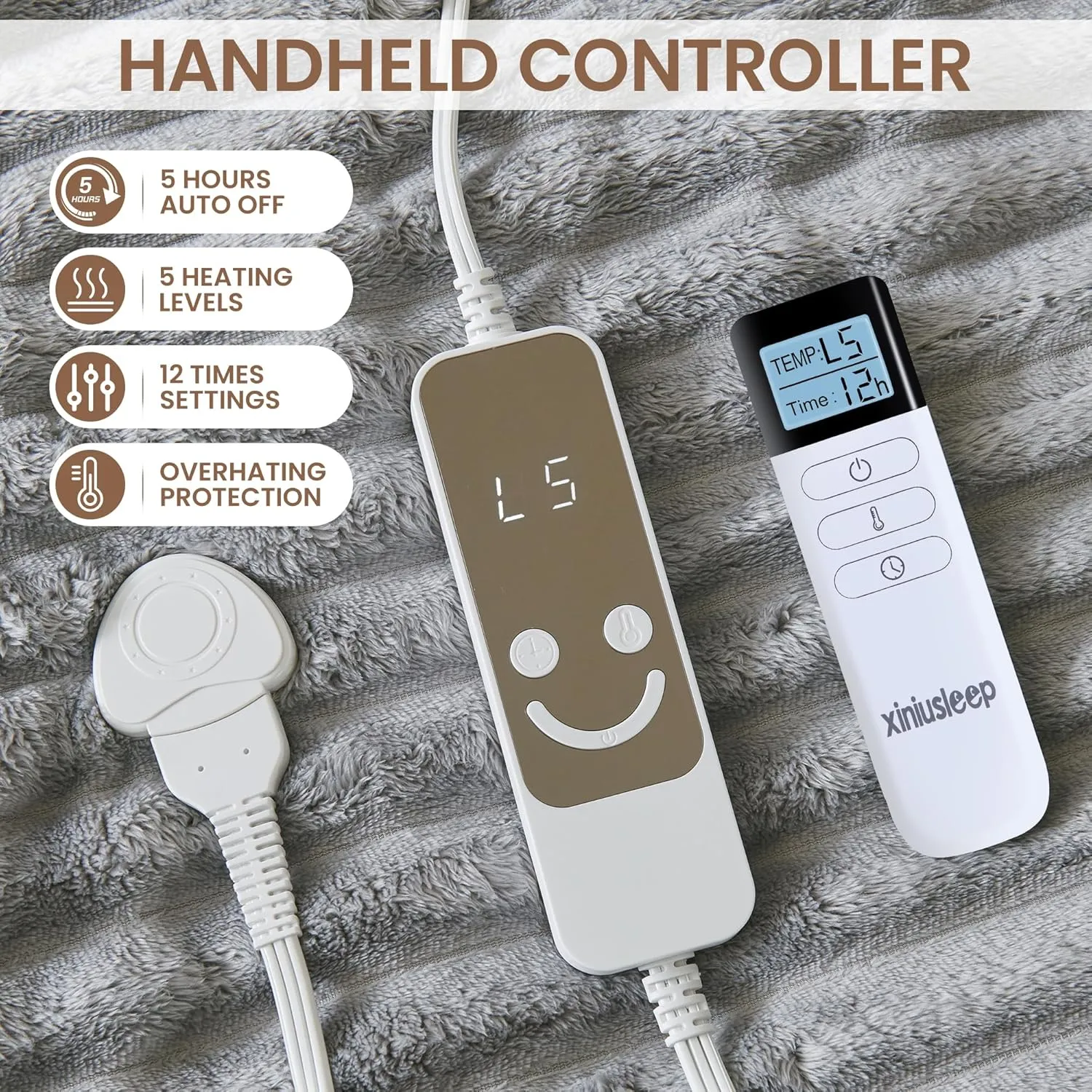 Heated Blanket Electric Blanket - Heating Blanket with Wireless Remote Controller, 5 Heat Level Setting, 5 hrs Timer Auto-Off Tufted Flannel Sherpa Electric Throw (Light Grey, 50"×60")