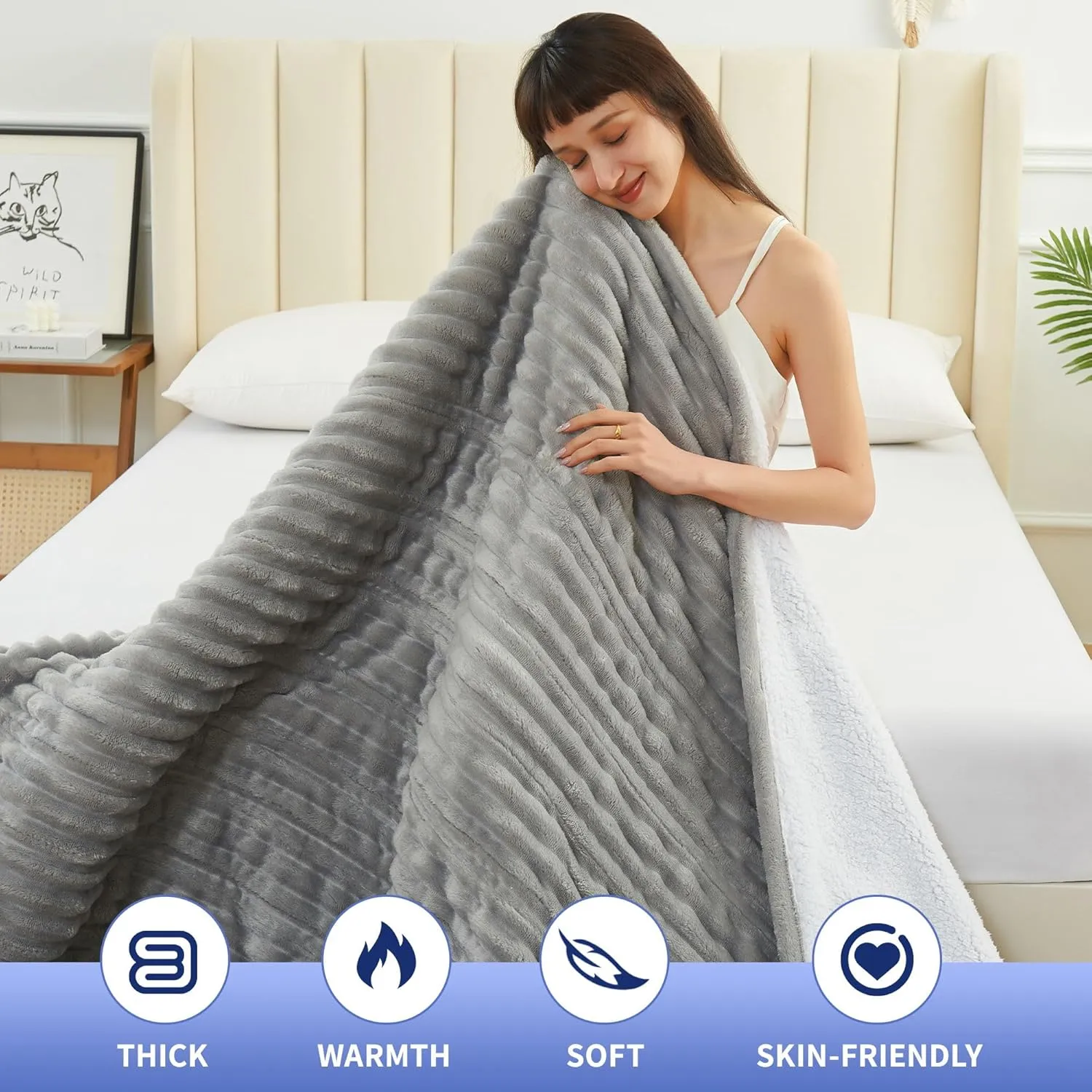 Heated Blanket Electric Blanket - Heating Blanket with Wireless Remote Controller, 5 Heat Level Setting, 5 hrs Timer Auto-Off Tufted Flannel Sherpa Electric Throw (Light Grey, 50"×60")