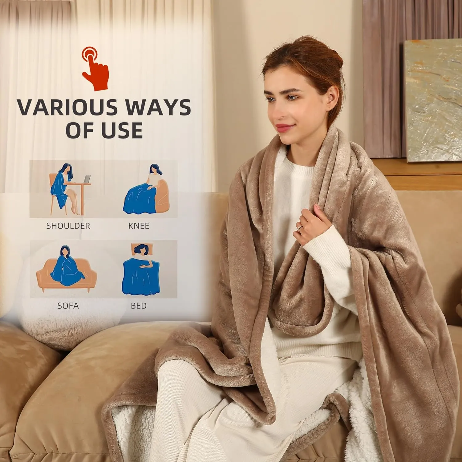 Heated Blanket Twin Size, 62"x84" Electric Blanket Twin with 10 Hours Auto Off & 5 Heating Levels, Heating Blanket with Reversible Flannel Sherpa, Ideal Gift Giving, Light Camel