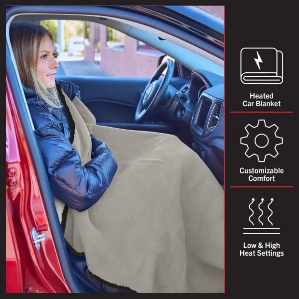 Heated Car Blanket - 12V Heated Blanket for Car, Truck, RV or Camping - 59x43” Portable Electric Travel Throw - 2 Heat Levels - Tailgating Essentials by Stalwart (Light Gray)