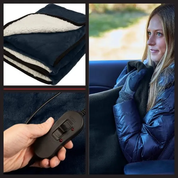Heated Car Blanket - 12V Heated Blanket for Car, Truck, RV or Camping - 59x43” Portable Electric Travel Throw - 2 Heat Levels - Tailgating Essentials by Stalwart (Navy Blue)