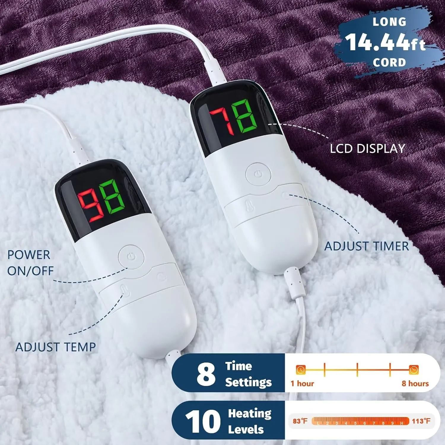 Heated Electric Blanket Queen Size - 84" x 90" Heating Blanket with Dual Control, 10 Heating Levels & 8 Hours Auto Off, Soft Warm Flannel Gift Blanket with Over-Heat Protection, ETL & FCC Certified