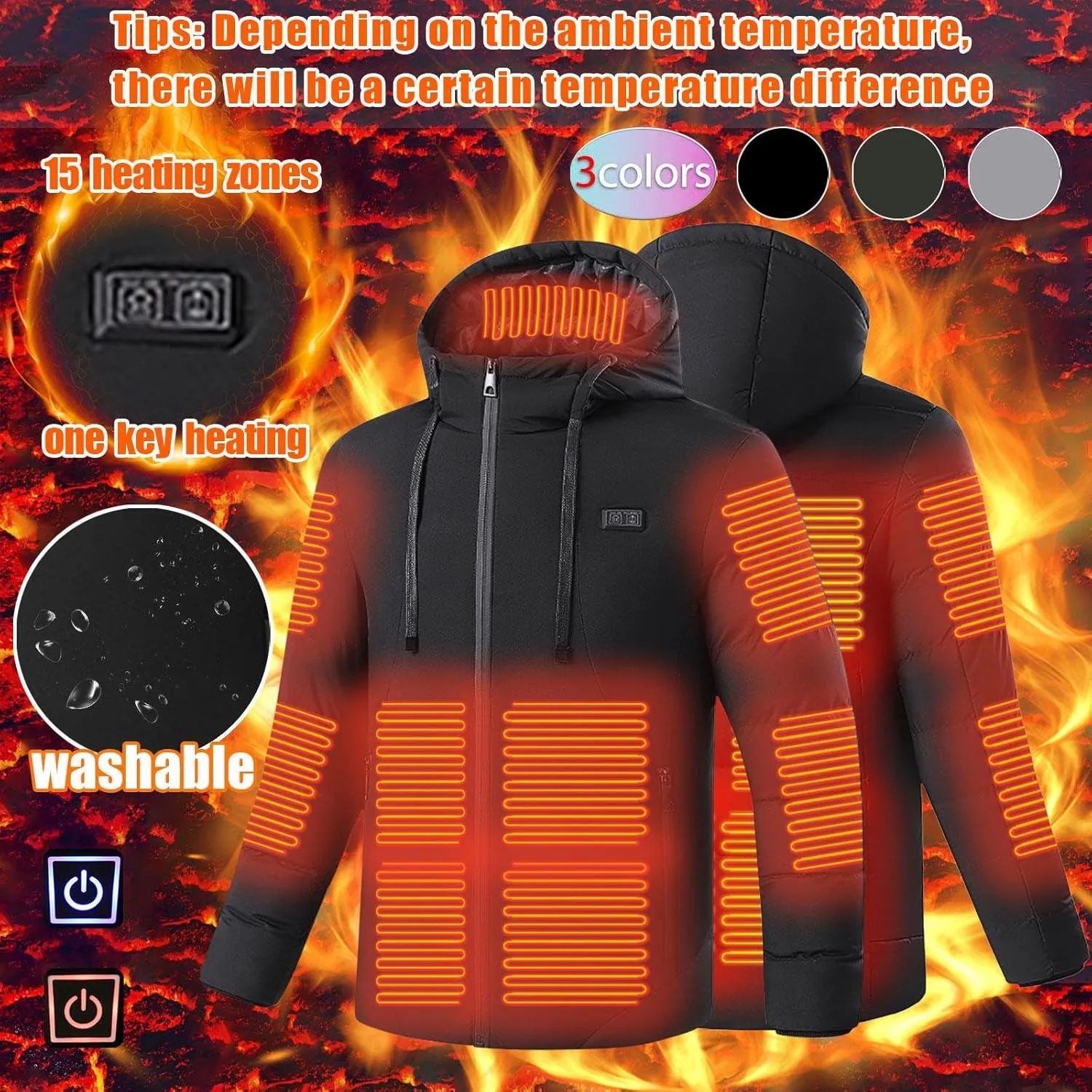 Heated Jacket for Men Women with 15 Heating Areas Heated Coat Heated Body Warmer USB Electric Heated Outerwear