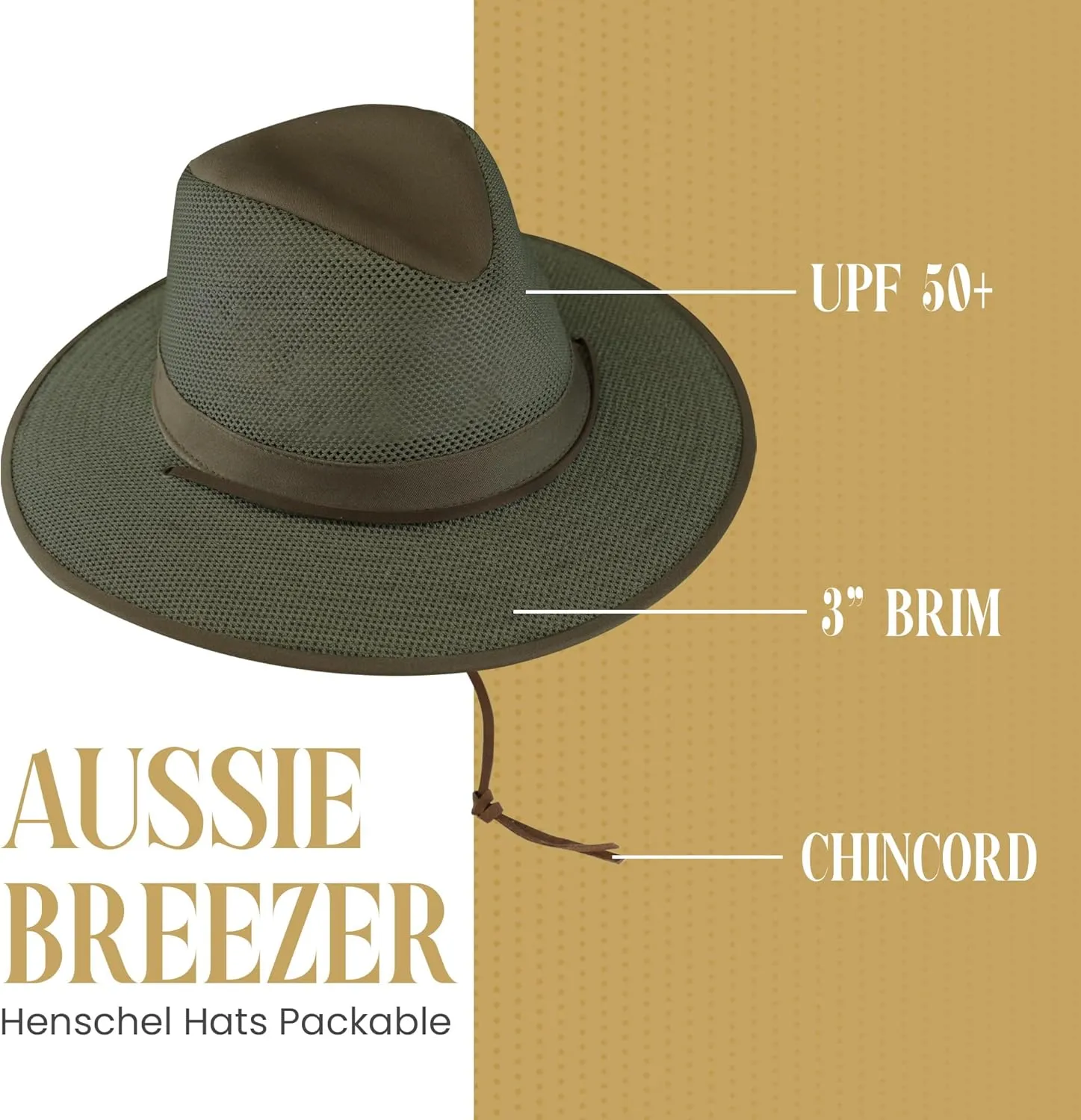 Henschel Aussie Mesh Breezer Hat - Packable Sun Protection for Outdoor Activities. Ideal for Hiking, Fishing & Camping.