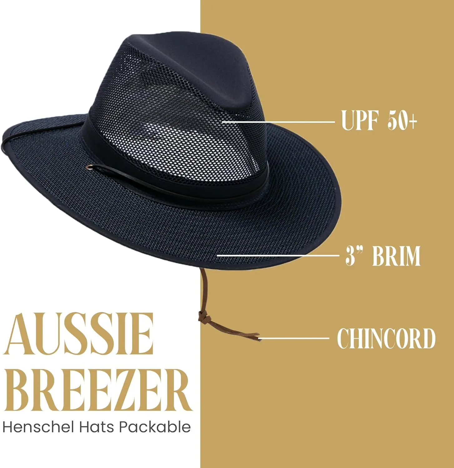 Henschel Aussie Mesh Breezer Hat - Packable Sun Protection for Outdoor Activities. Ideal for Hiking, Fishing & Camping.
