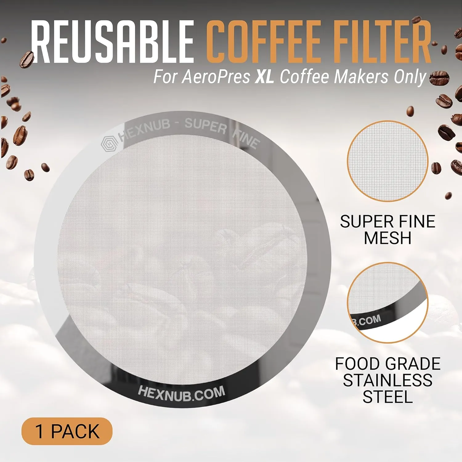 HEXNUB - Reusable Metal Filter for AeroPress XL Coffee Maker, Stainless Steel Filter Fits AeroPress XL Coffee Press, Fuller Bodied Coffee Than Paper Filters - SILVER MESH