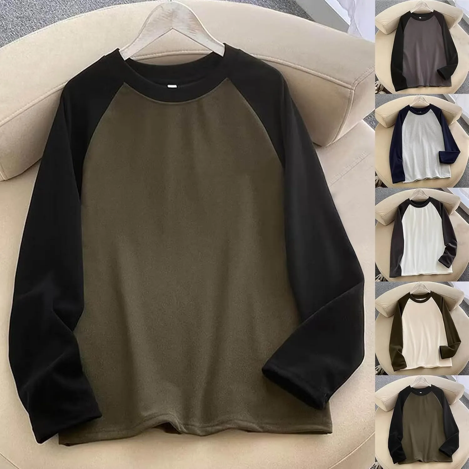 HGps8w Casual Fleece Raglan T Shirts for Women Color Block Pullover Thermal Tops Warm Winter Long Sleeve Crewneck Sweatshirt