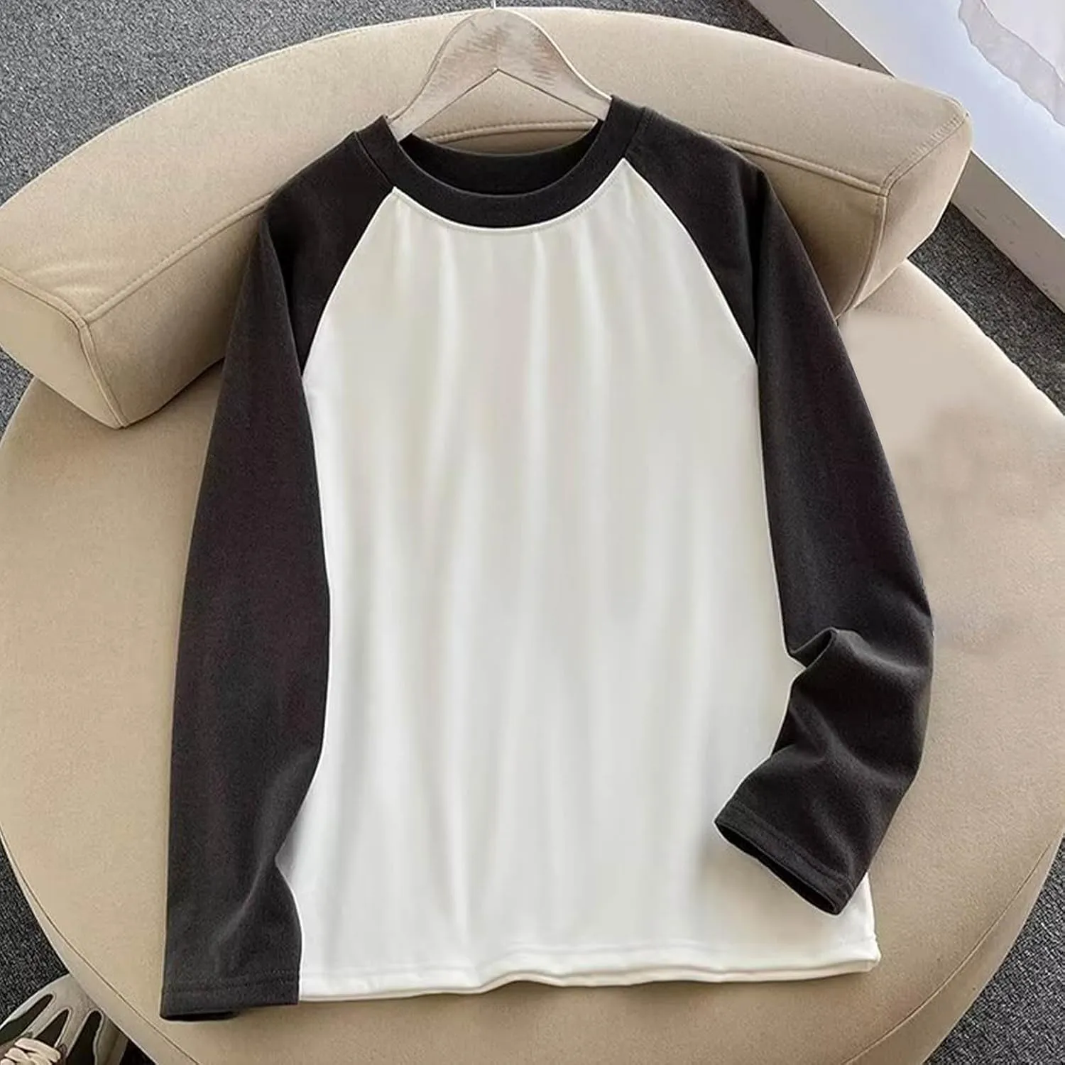 HGps8w Casual Fleece Raglan T Shirts for Women Color Block Pullover Thermal Tops Warm Winter Long Sleeve Crewneck Sweatshirt
