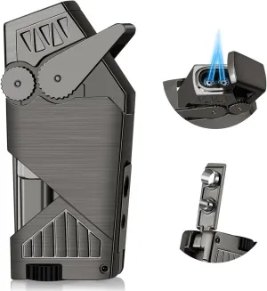 High Pressure Jet Blue Flame Windproof Lighter, Dual Fire Direct Injection Butane Lighter, Refillable Butane Adjustable Flame, Suitable for Travel/Camping/Gift (No Fuel Included)(Gray)