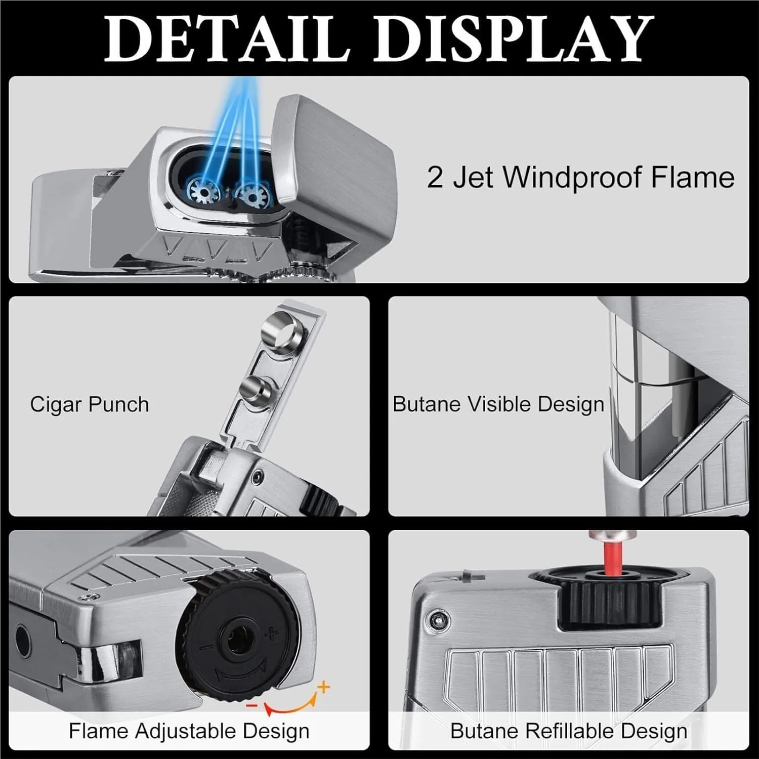 High Pressure Jet Blue Flame Windproof Lighter, Dual Fire Direct Injection Butane Lighter, Refillable Butane Adjustable Flame, Suitable for Travel/Camping/Gift (No Fuel Included)(Gray)