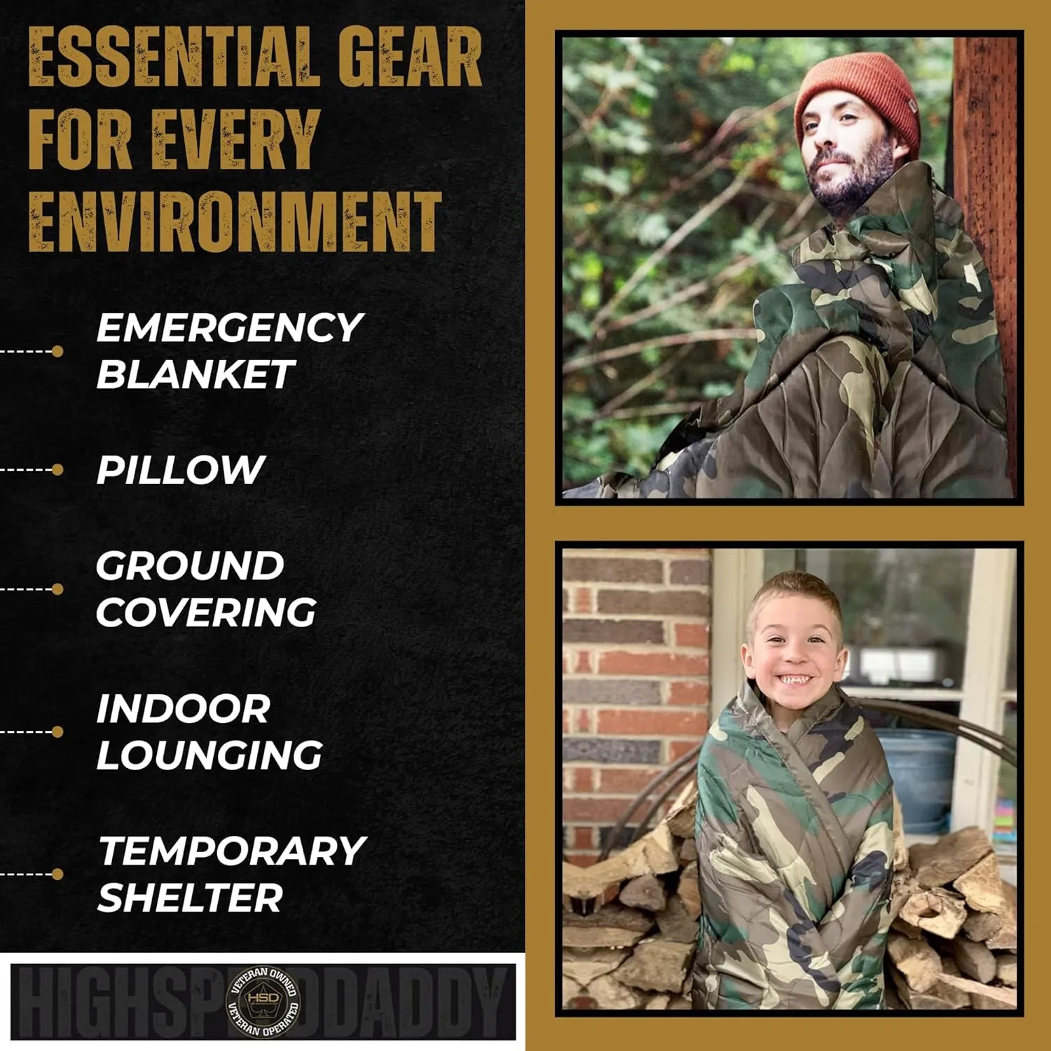 HighSpeedDaddy: Small Woobie Military Blanket & Poncho Liner for Camping & All Weather Use - Water Resistant   Ripstop - Lightweight, Thermal, Insulated - Tactical, Emergency, Outdoor - 36x30