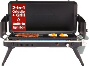 Hike Crew 2-in-1 Gas Camping Grill and Griddle Combo | 13,000 BTU Portable Propane Burner | Foldable Legs | Integrated Igniter & Included Regulator w/Drip Tray | Wind Panels & Built-in Carry Handle