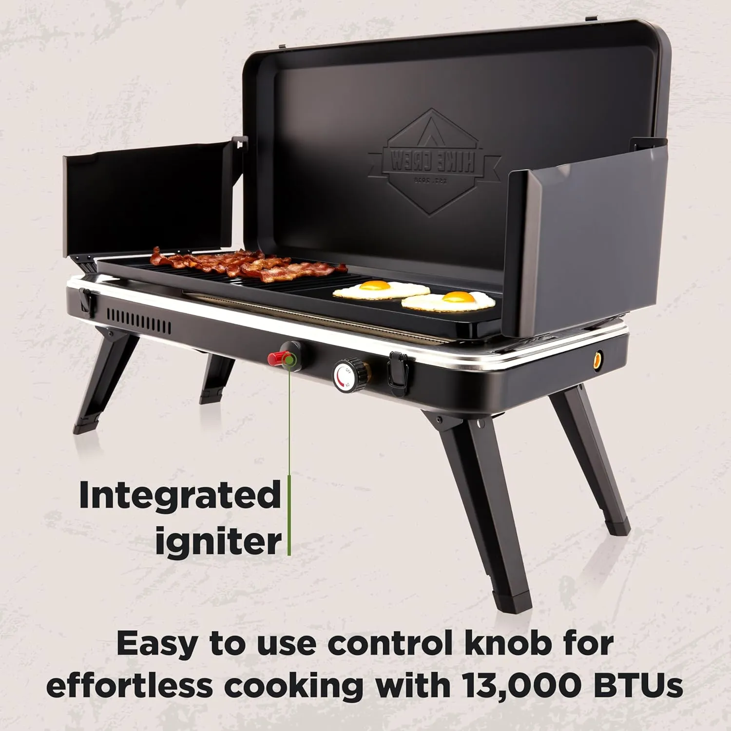 Hike Crew 2-in-1 Gas Camping Grill and Griddle Combo | 13,000 BTU Portable Propane Burner | Foldable Legs | Integrated Igniter & Included Regulator w/Drip Tray | Wind Panels & Built-in Carry Handle