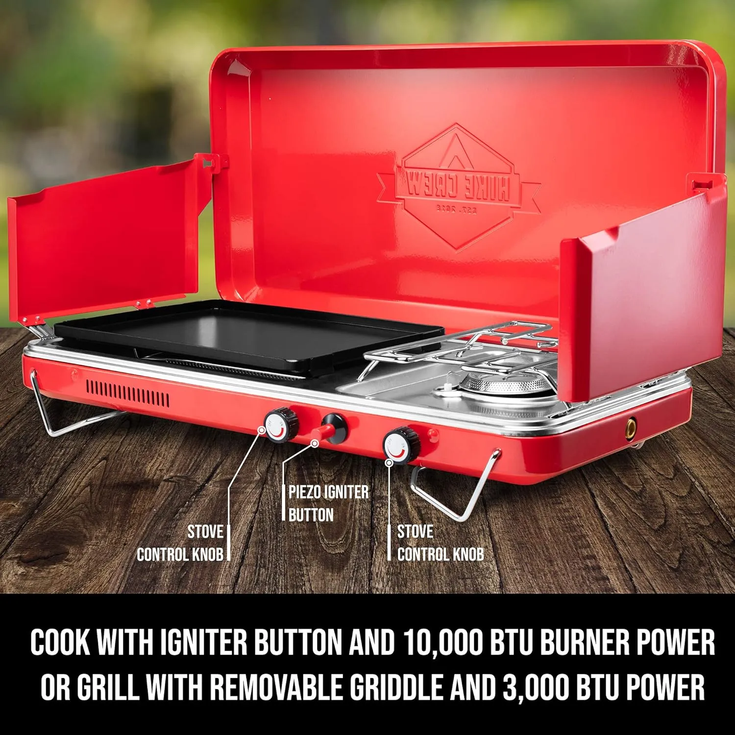 Hike Crew 2-in-1 Gas Camping Stove and Griddle, Portable Propane Burner w/Integrated Igniter & Stainless Drip Tray | Built-in Carrying Handle, Foldable Legs & Wind Panels | Includes Regulator