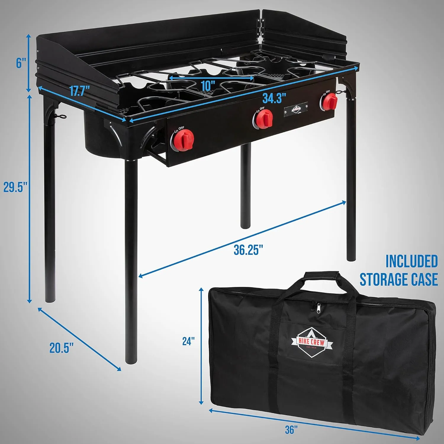 Hike Crew Cast Iron 3-Burner Outdoor Gas Stove | 225,000 BTU Portable Propane Cooktop w/Blue Flame Control, Removable Legs, Temperature Control Knobs, Wind Panel, Hose, Regulator & Storage Carry Case