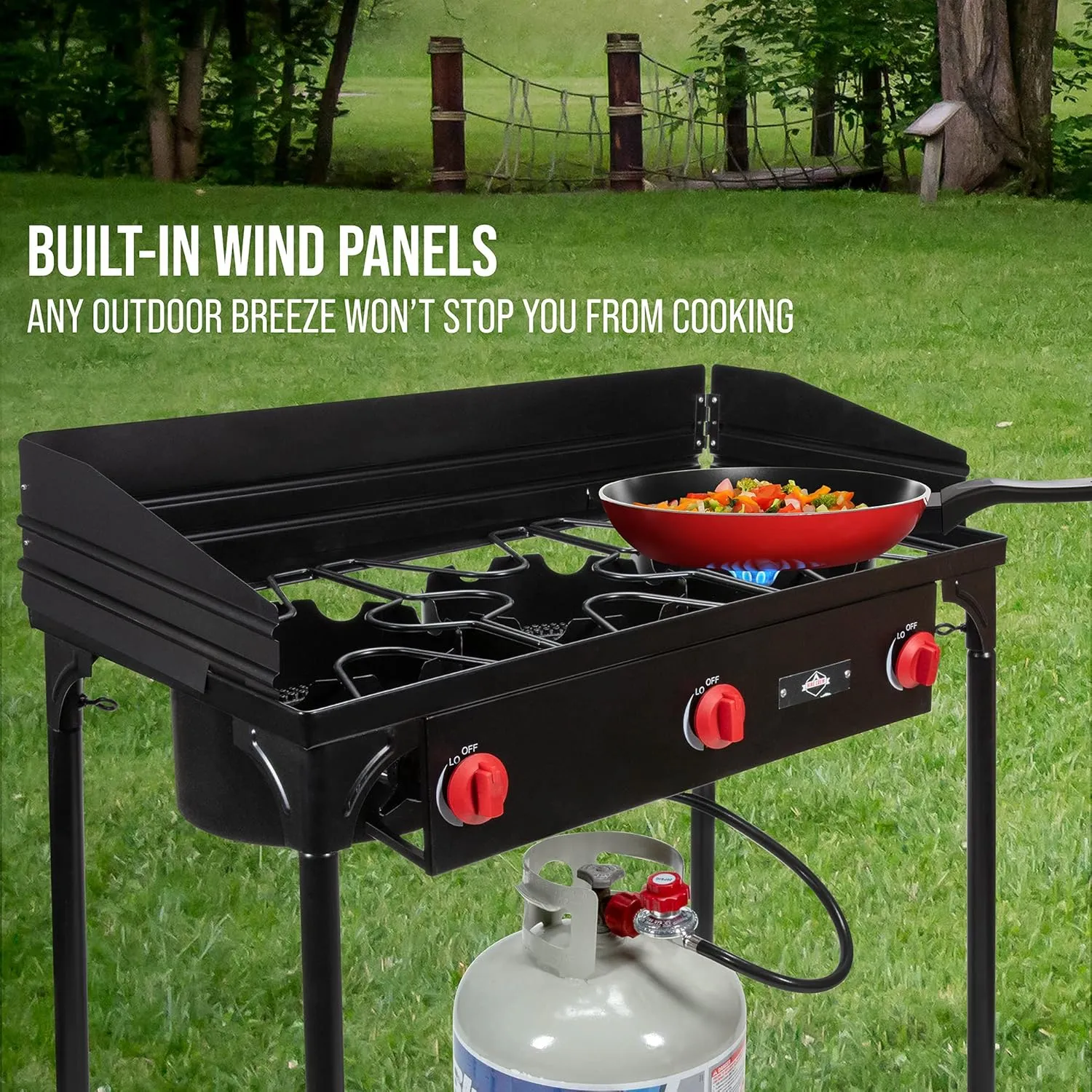 Hike Crew Cast Iron 3-Burner Outdoor Gas Stove | 225,000 BTU Portable Propane Cooktop w/Blue Flame Control, Removable Legs, Temperature Control Knobs, Wind Panel, Hose, Regulator & Storage Carry Case
