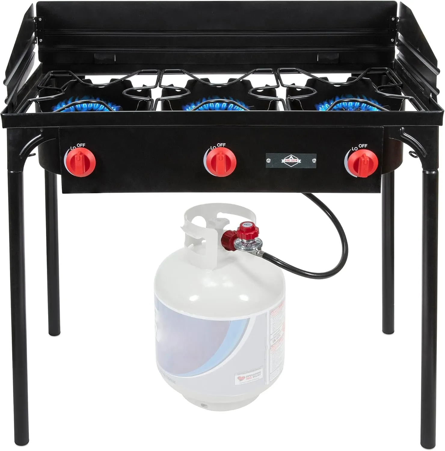 Hike Crew Cast Iron 3-Burner Outdoor Gas Stove | 225,000 BTU Portable Propane Cooktop w/Blue Flame Control, Removable Legs, Temperature Control Knobs, Wind Panel, Hose, Regulator & Storage Carry Case