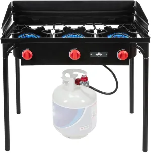 Hike Crew Cast Iron 3-Burner Outdoor Gas Stove | 225,000 BTU Portable Propane Cooktop w/Blue Flame Control, Removable Legs, Temperature Control Knobs, Wind Panel, Hose, Regulator & Storage Carry Case