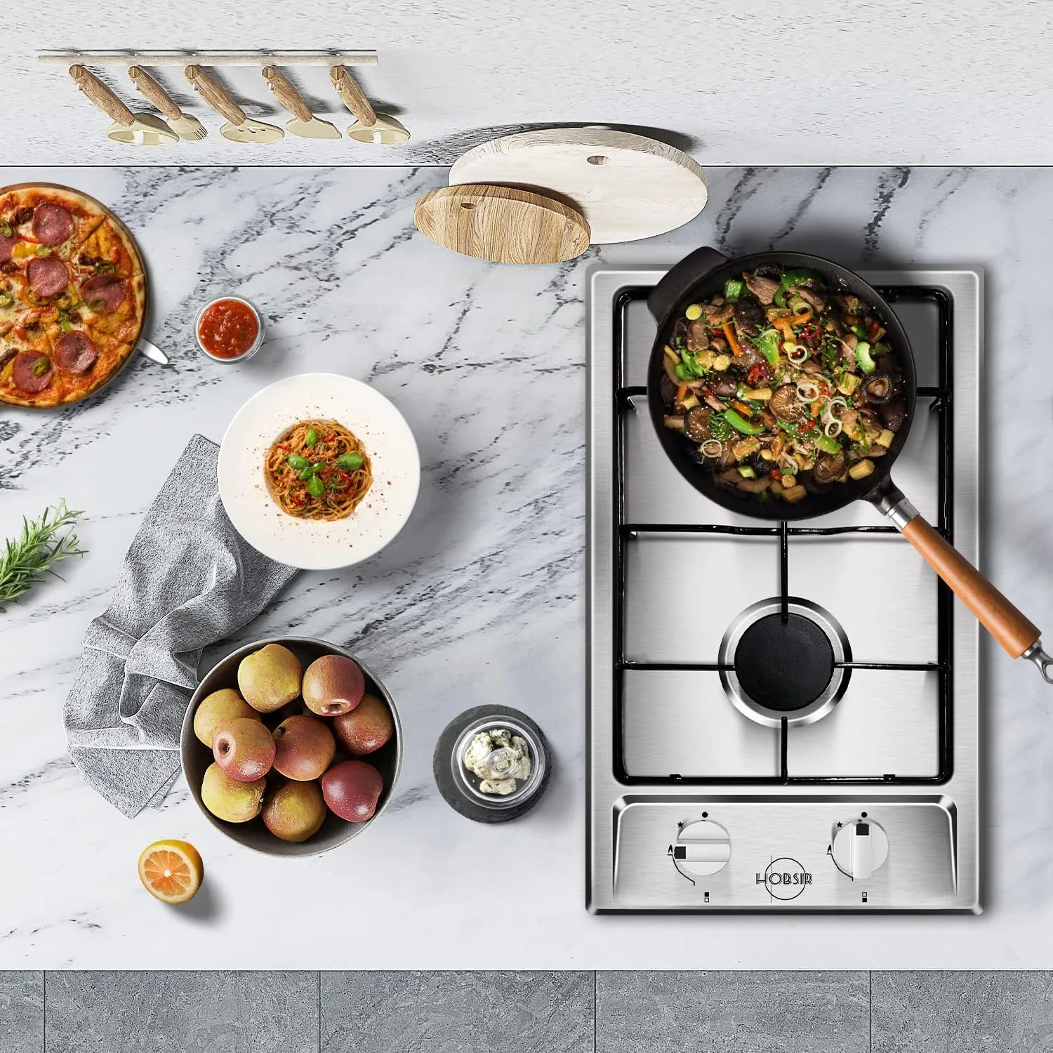Hobsir 2 Burner Propane Gas Cooktop, 12 Inches Stainless Steel Built-in Gas Stove Top for LPG NG Dual Fuel, 2 Burner Natural Gas/Propane Cooktop with Flame-out Protection for Apartmen, Kitchen 110V