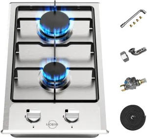 Hobsir 2 Burner Propane Gas Cooktop, 12 Inches Stainless Steel Built-in Gas Stove Top for LPG NG Dual Fuel, 2 Burner Natural Gas/Propane Cooktop with Flame-out Protection for Apartmen, Kitchen 110V