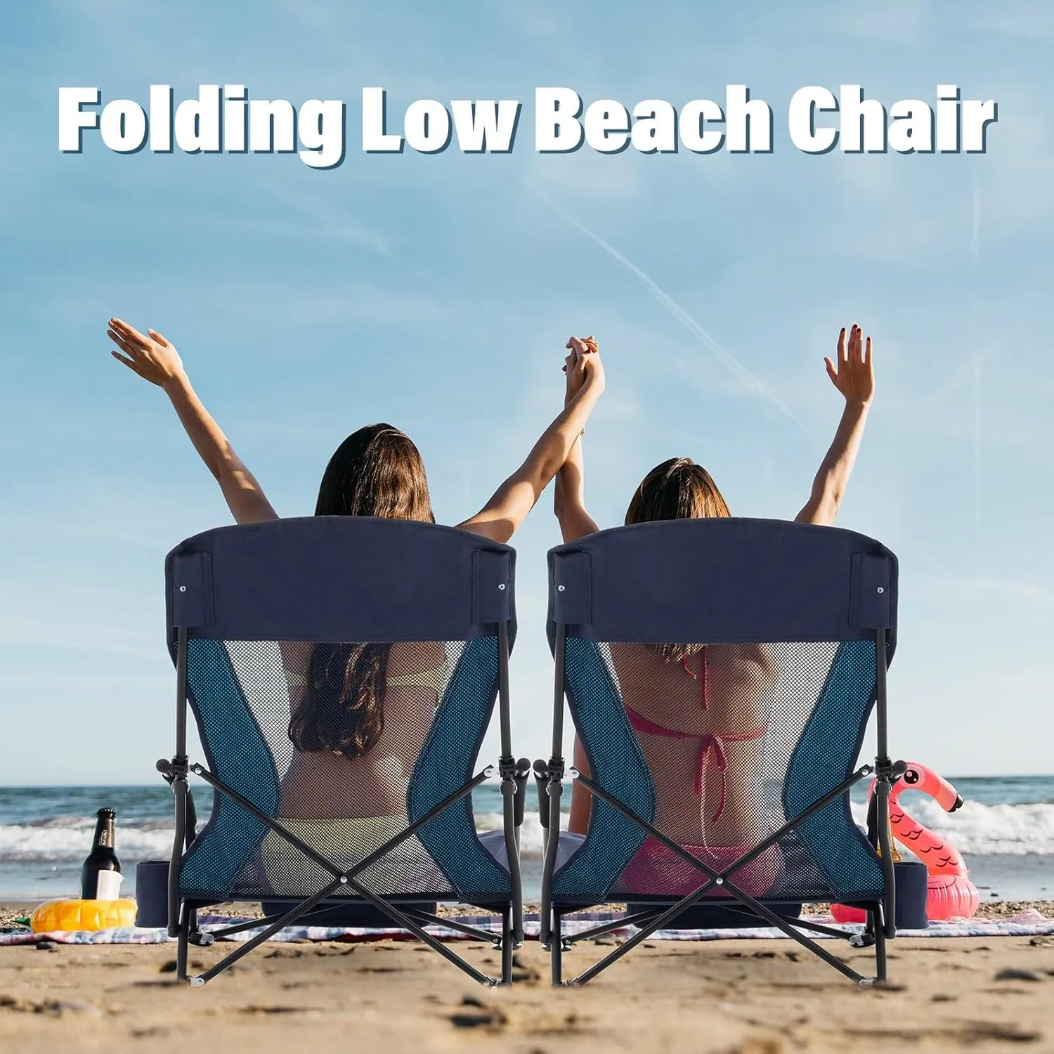 Homcosan Portable Low Folding Beach Chairs Set of 2 - Lightweight Camping Chairs for Adults with Cup Holder & Storage Pockets, Carry Bag Included (Navy & Blue)