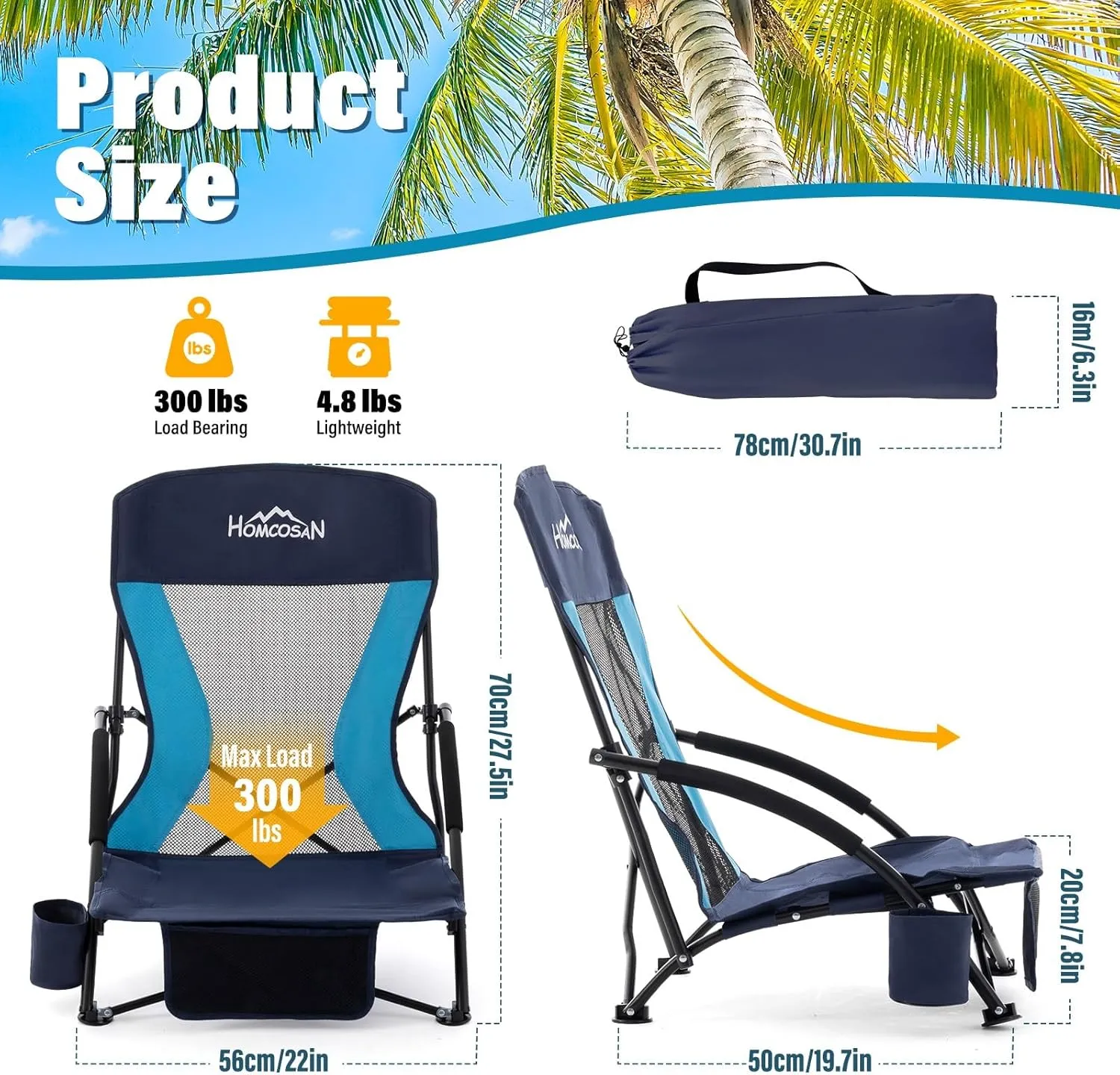 Homcosan Portable Low Folding Beach Chairs Set of 2 - Lightweight Camping Chairs for Adults with Cup Holder & Storage Pockets, Carry Bag Included (Navy & Blue)