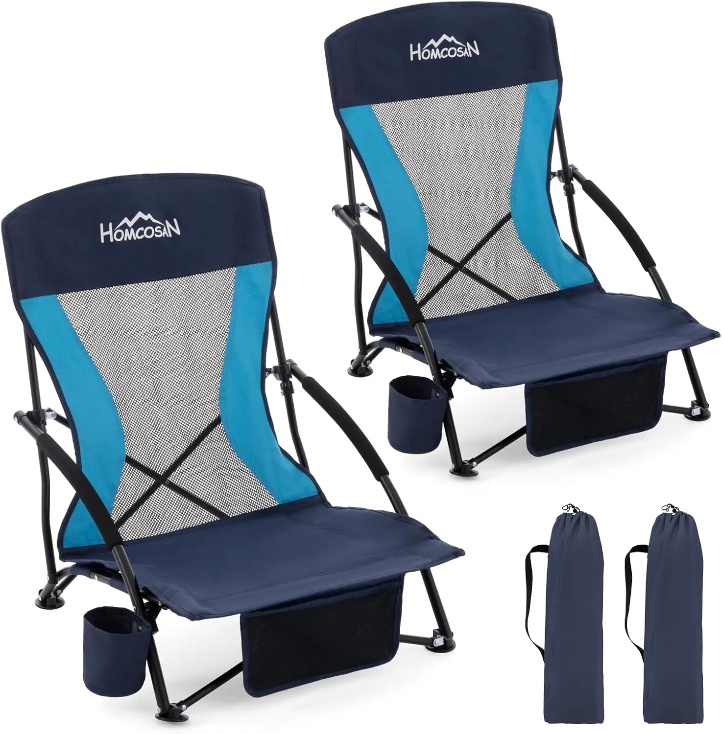 Homcosan Portable Low Folding Beach Chairs Set of 2 - Lightweight Camping Chairs for Adults with Cup Holder & Storage Pockets, Carry Bag Included (Navy & Blue)