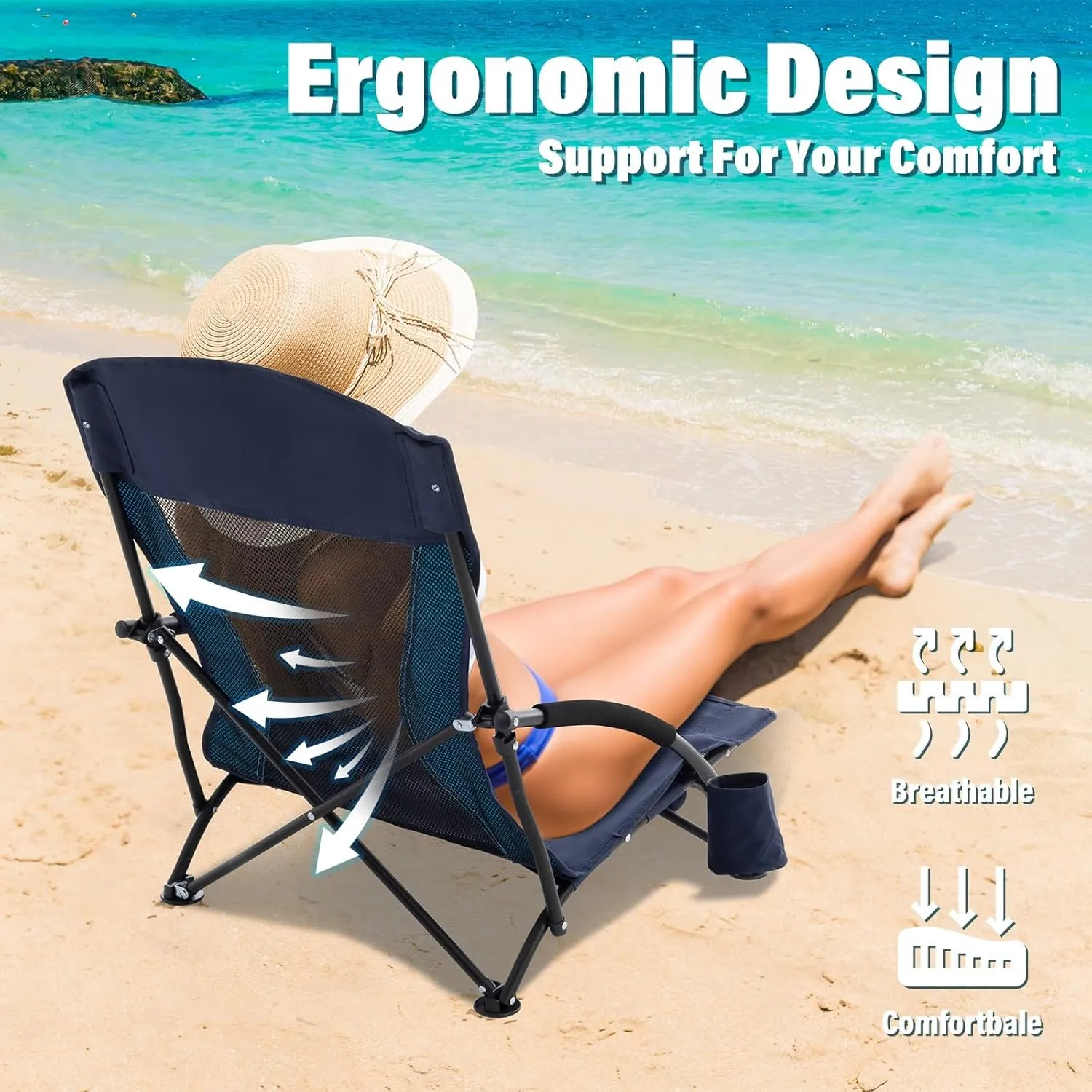 Homcosan Portable Low Folding Beach Chairs Set of 2 - Lightweight Camping Chairs for Adults with Cup Holder & Storage Pockets, Carry Bag Included (Navy & Blue)