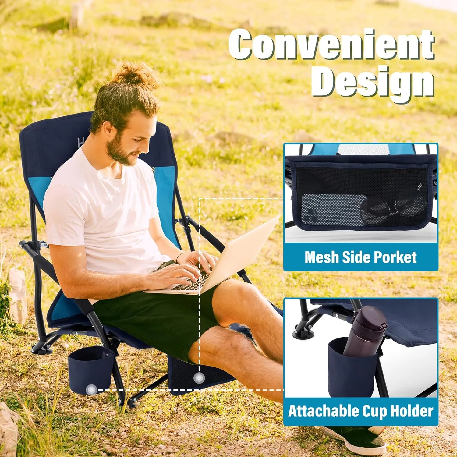 Homcosan Portable Low Folding Beach Chairs Set of 2 - Lightweight Camping Chairs for Adults with Cup Holder & Storage Pockets, Carry Bag Included (Navy & Blue)