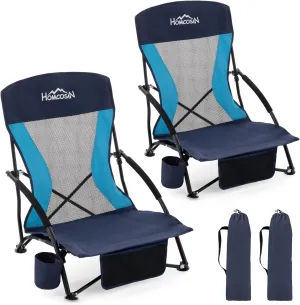 Homcosan Portable Low Folding Beach Chairs Set of 2 - Lightweight Camping Chairs for Adults with Cup Holder & Storage Pockets, Carry Bag Included (Navy & Blue)