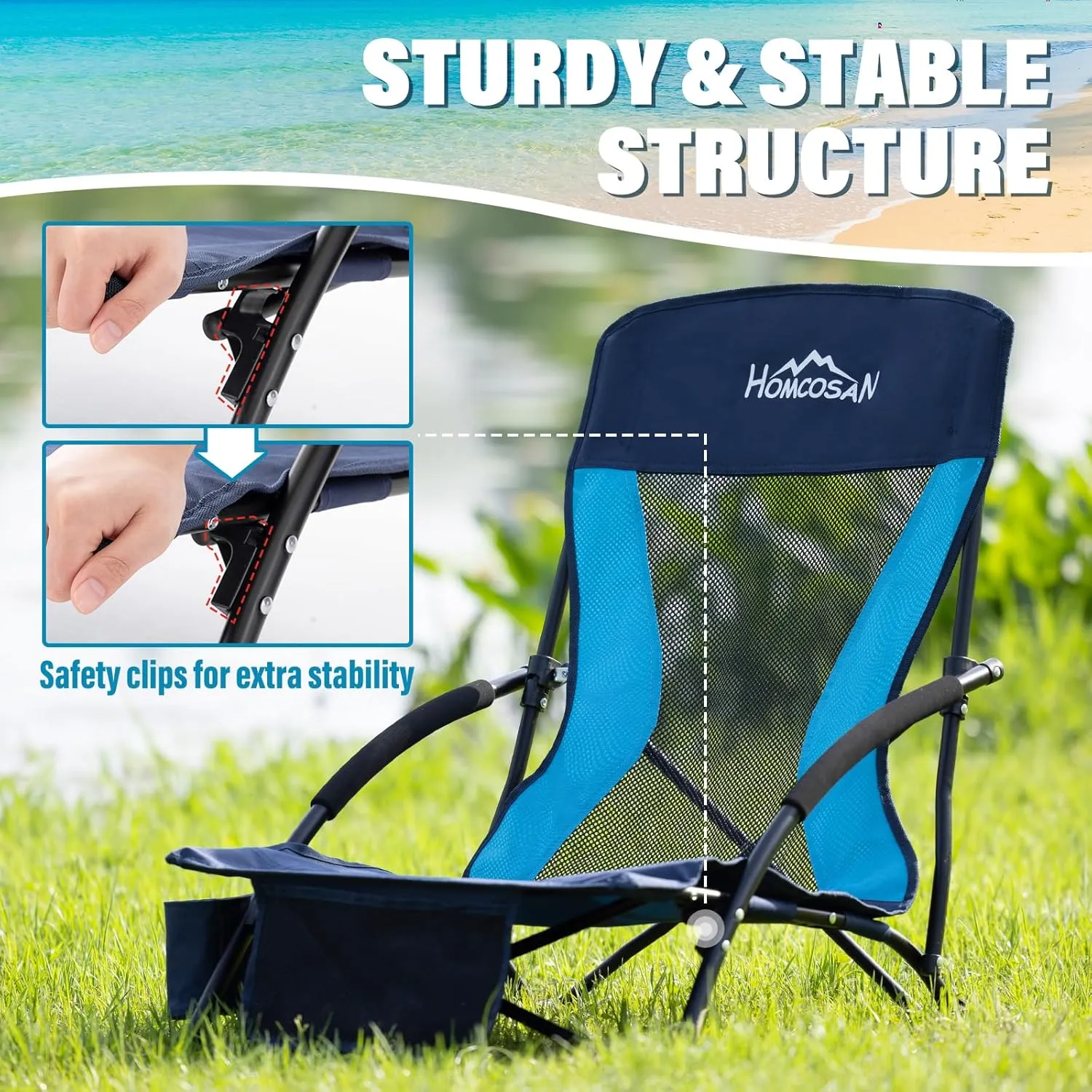 Homcosan Portable Low Folding Beach Chairs Set of 2 - Lightweight Camping Chairs for Adults with Cup Holder & Storage Pockets, Carry Bag Included (Navy & Blue)