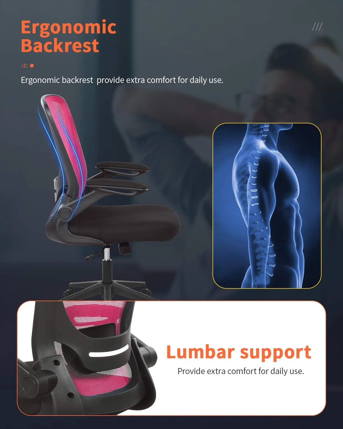 Home Office Chair Ergonomic Desk Chair Mesh Computer Chair with Lumbar Support Flip-up Arms Swivel Rolling Executive Task Chair Adjustable Chair for Adults(Pink)