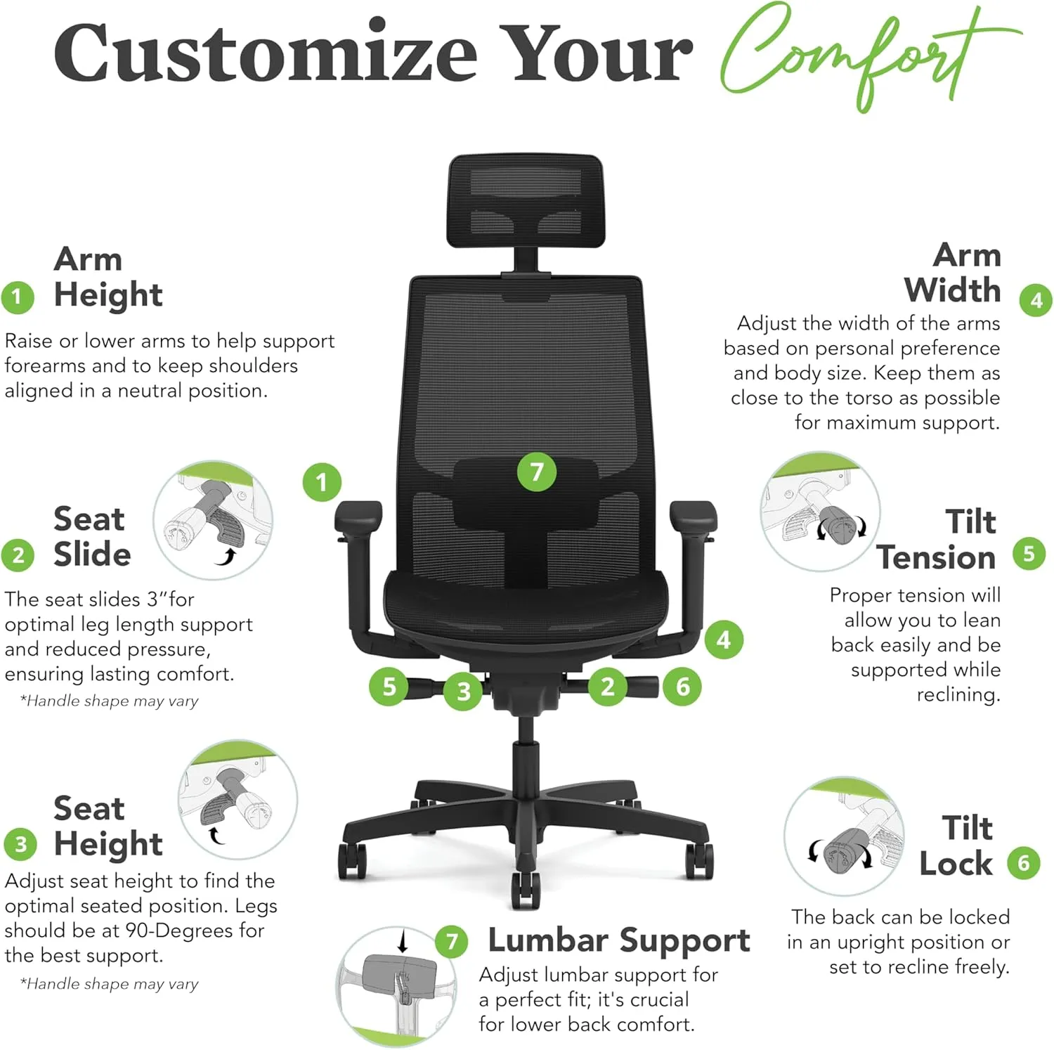 HON Ignition 2.0 Ergonomic Office Chair with Headrest, High Back, Adjustable Lumbar Support, Armrests, Seat-Depth, Synchro-Tilt Recline, Mesh Office Chair, Black