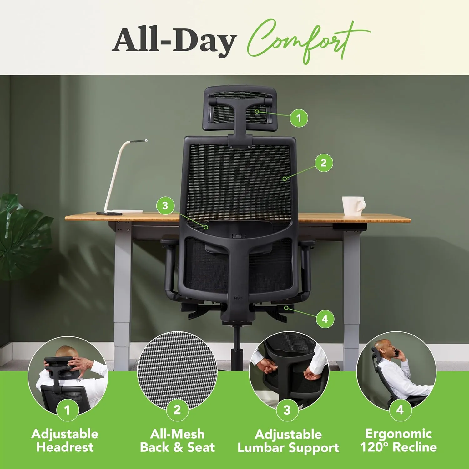 HON Ignition 2.0 Ergonomic Office Chair with Headrest, High Back, Adjustable Lumbar Support, Armrests, Seat-Depth, Synchro-Tilt Recline, Mesh Office Chair, Black