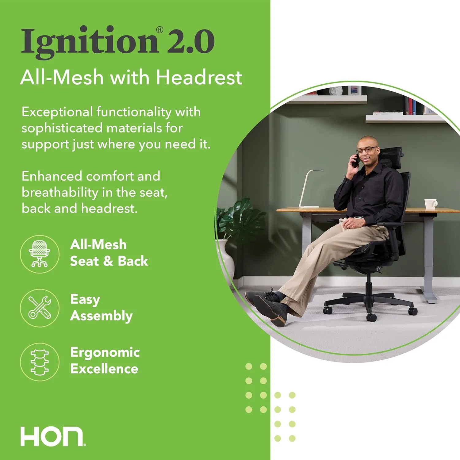 HON Ignition 2.0 Ergonomic Office Chair with Headrest, High Back, Adjustable Lumbar Support, Armrests, Seat-Depth, Synchro-Tilt Recline, Mesh Office Chair, Black