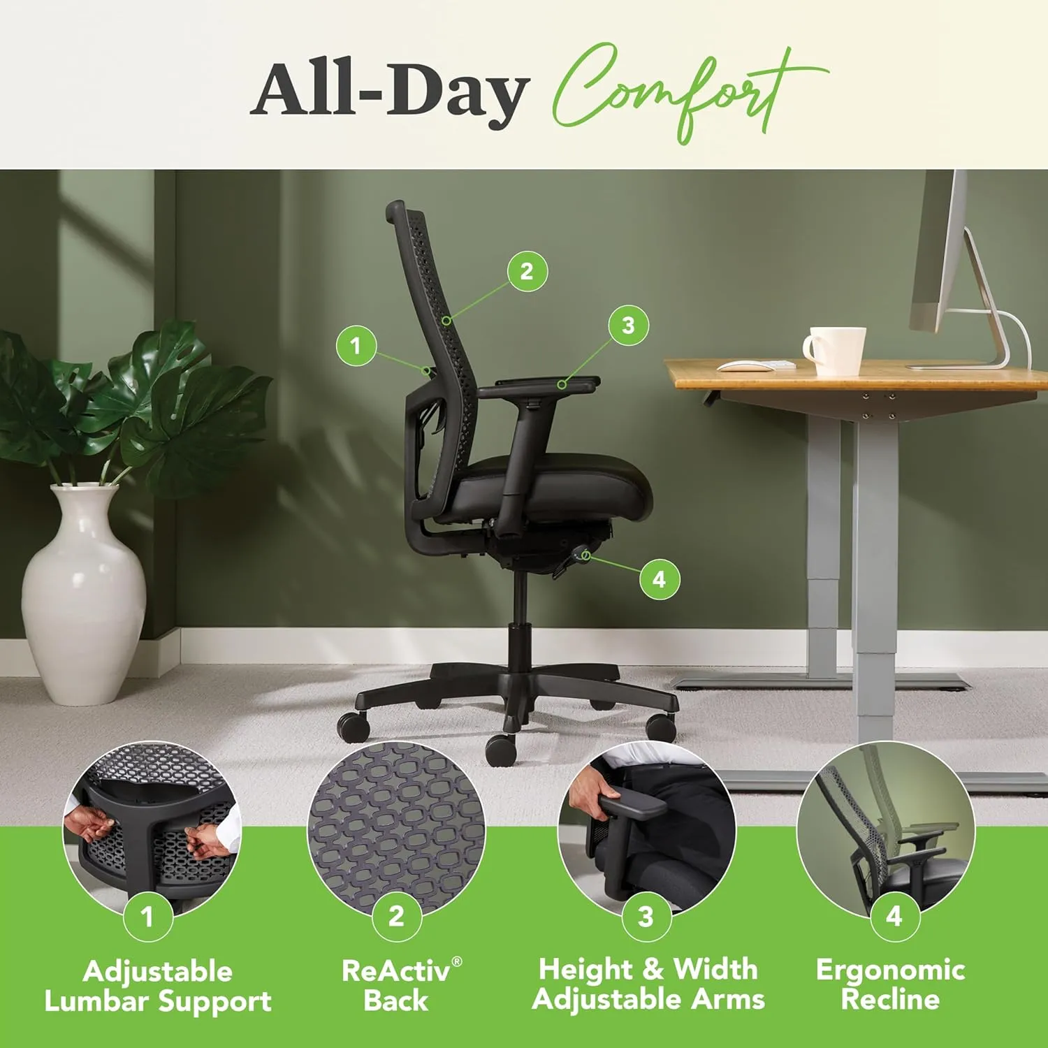 HON Ignition 2.0 ReActiv Ergonomic Office Chair with Lumbar Support, Synchro-Tilt Recline, Breathable Flex-Back Support for Office Chair, Black