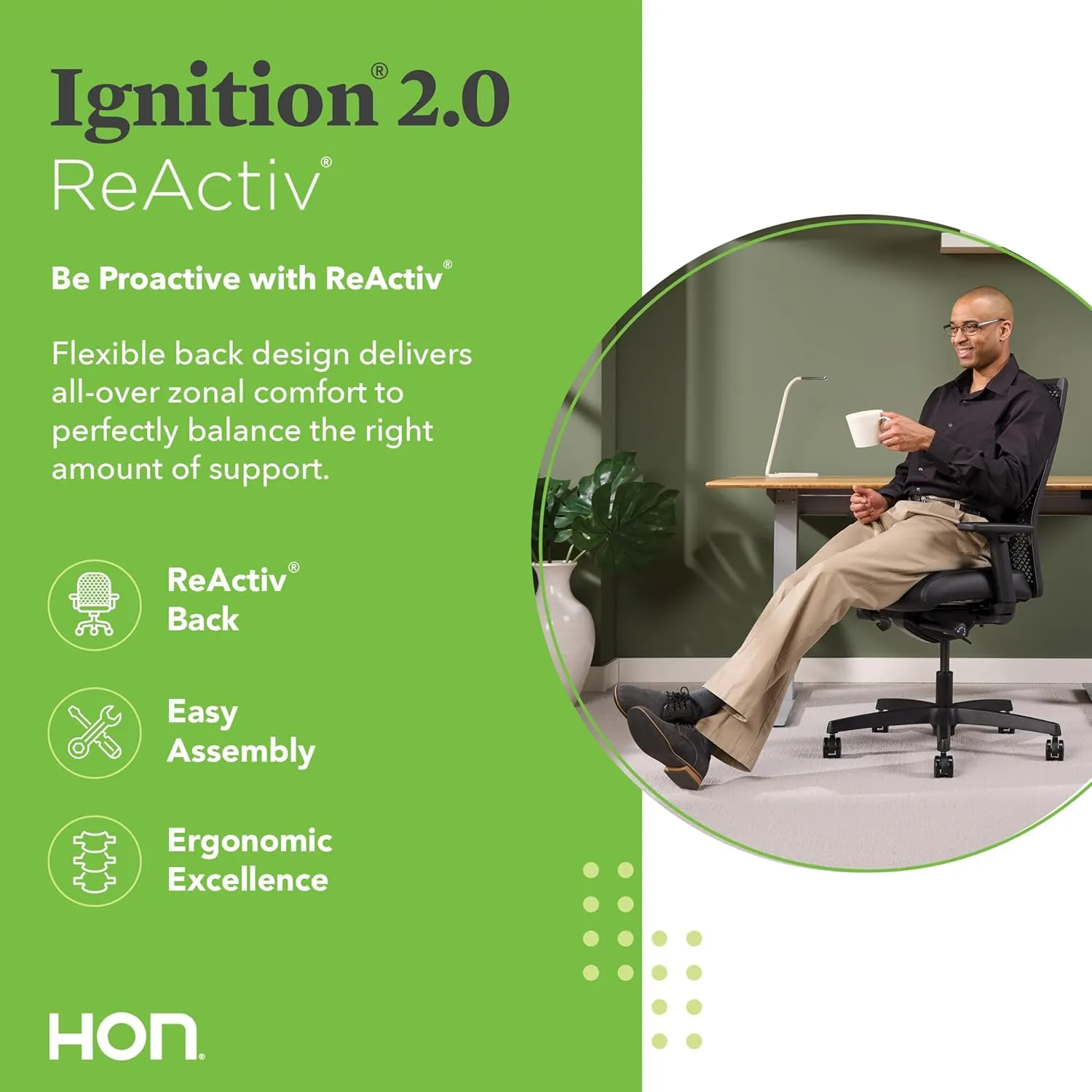HON Ignition 2.0 ReActiv Ergonomic Office Chair with Lumbar Support, Synchro-Tilt Recline, Breathable Flex-Back Support for Office Chair, Black