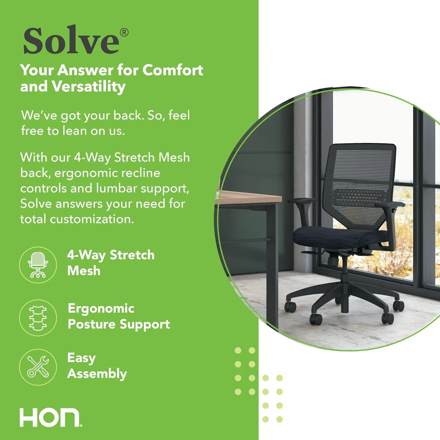 HON Solve Task Chair, Ergonomic Office Chair Mesh Back Support, Adjustable Lumbar, Desk Chairs with Wheels, Synchro-Tilt Recline, Height-Adjustable Arms, Black